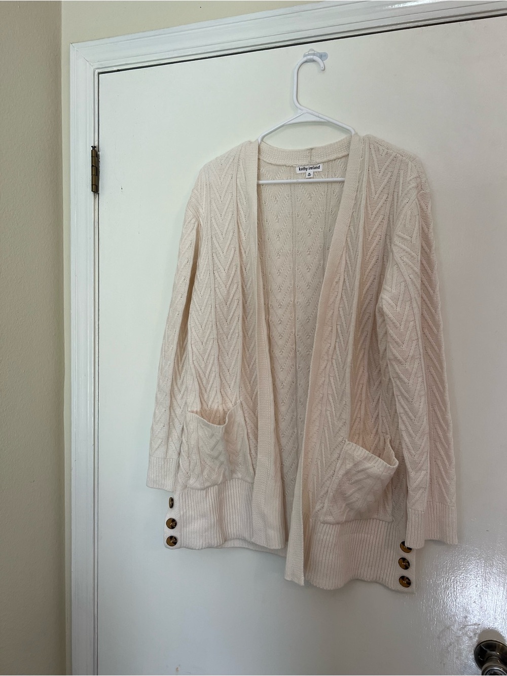 kathy ireland Cream Open-Front Cable Knit Cardigan with Button Trim